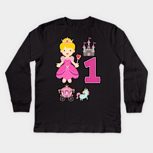 First Birthday Princess Castle Unicorn Carriage Kids Long Sleeve T-Shirt